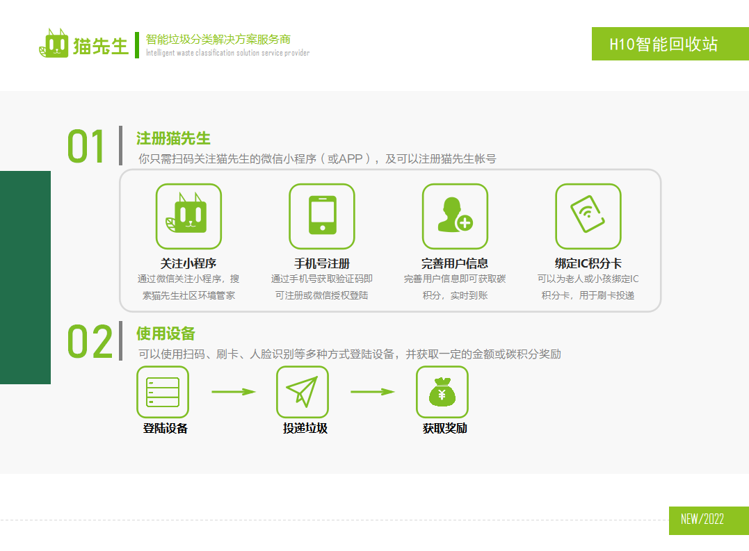 貓先生智能再生資源回收站，廢舊物資回收站，智能再生資源回收箱使用流程，社區(qū)垃圾分類站生產(chǎn)廠家